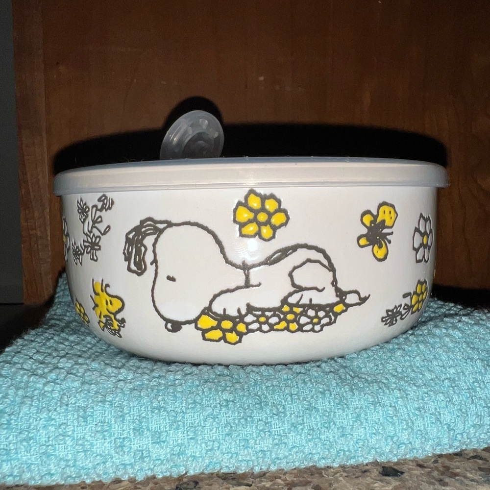 Snoopy Hand Painted White Ceramic Bowl with Cartoon Design and vented Lid